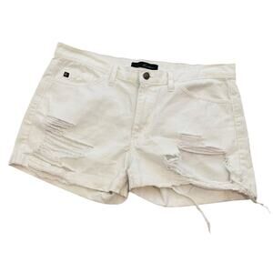 KanCan Distressed White Denim Shorts Womens 28‎ Mid Rise Raw Hem Casual Cutoffs